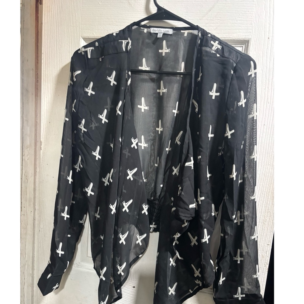Charlotte Russe Black Blouse with Open Front Design and a cross print